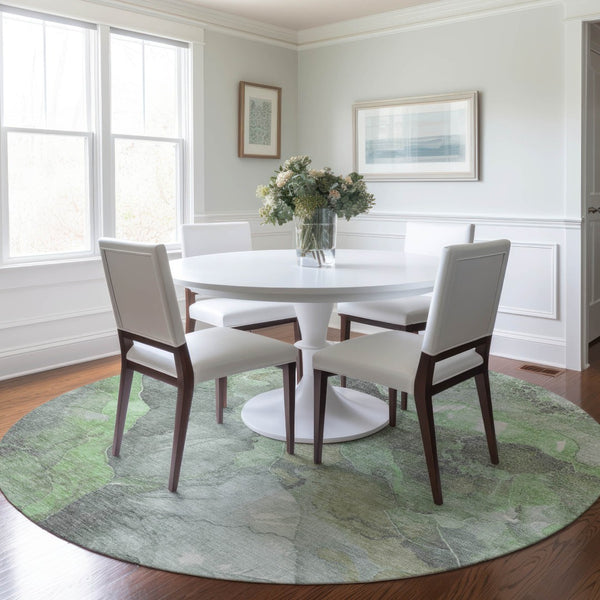 HomeRoots 8' Elegant Green and Gray Floral Round Rug – Washable, Durable, Perfect for Indoor and Outdoor Spaces 620974