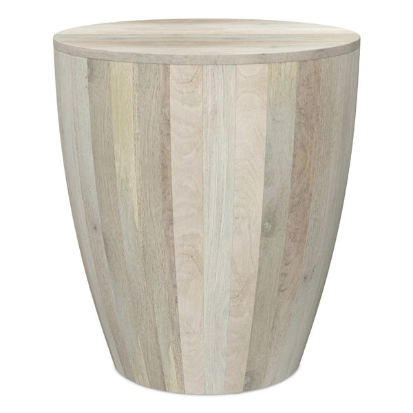 English Elm Elmbrook Solid Mango Wood Drum Side Table Whitewash Finish Vertical Panel Detail B136P419860