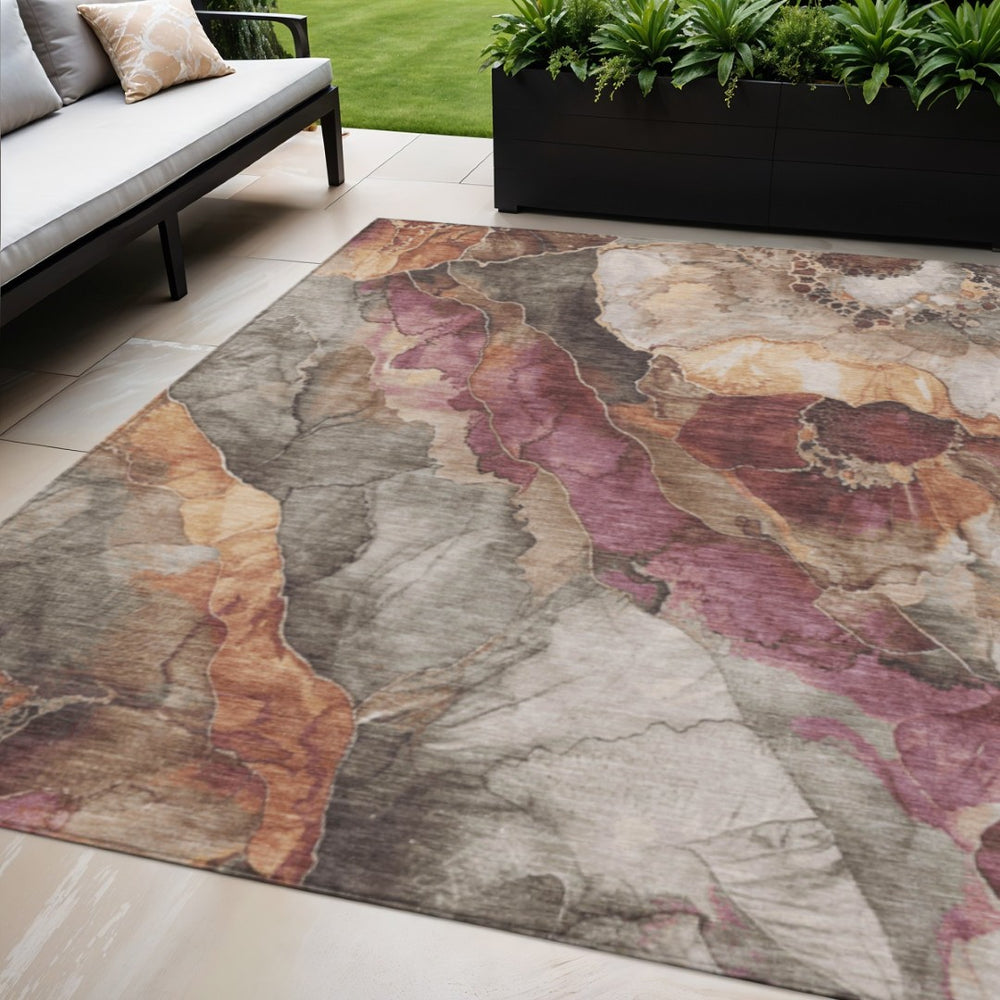 HomeRoots 5' Khaki and Blush Floral Area Rug - Washable, Durable, Stylish for Indoor & Outdoor Spaces 620979