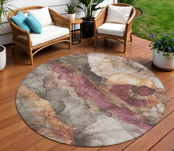 HomeRoots 8' Elegant Round Floral Washable Area Rug in Khaki & Blush - Perfect for Indoor & Outdoor Spaces! 620980