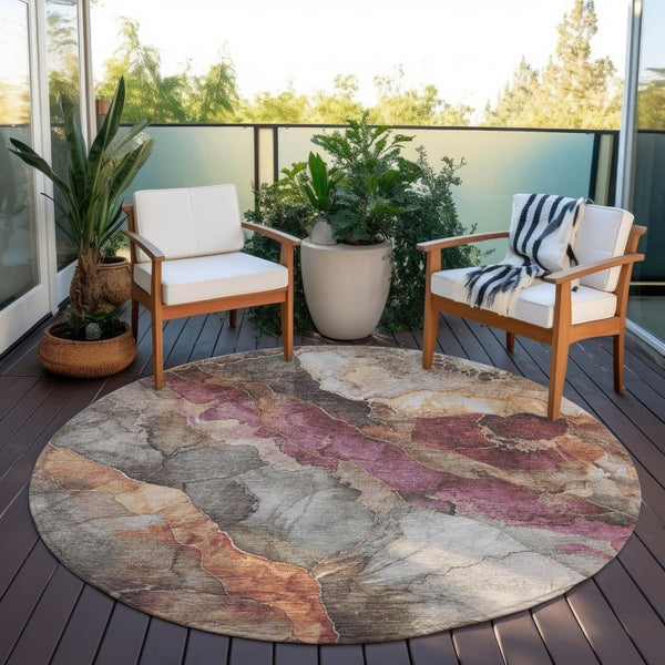 HomeRoots 8' Elegant Round Floral Washable Area Rug in Khaki & Blush - Perfect for Indoor & Outdoor Spaces! 620980