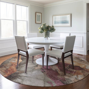 HomeRoots 8' Elegant Round Floral Washable Area Rug in Khaki & Blush - Perfect for Indoor & Outdoor Spaces! 620980