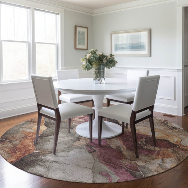 HomeRoots 8' Elegant Round Floral Washable Area Rug in Khaki & Blush - Perfect for Indoor & Outdoor Spaces! 620980
