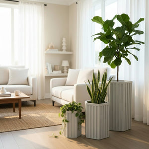 English Elm Hexagon Column Aluminum Planter Geometric Outdoor Pot with Wood Tone Powder Coat Finish White B2755P462185