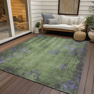 HomeRoots 5' Floral Area Rug in Artichoke Green & Purple – Washable Indoor/Outdoor Design for Busy Homes! 620997