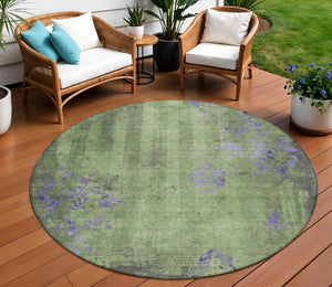 HomeRoots 8' Artichoke Green & Purple Round Floral Area Rug - Washable, Durable, Indoor/Outdoor Use, Elegant Design 620998