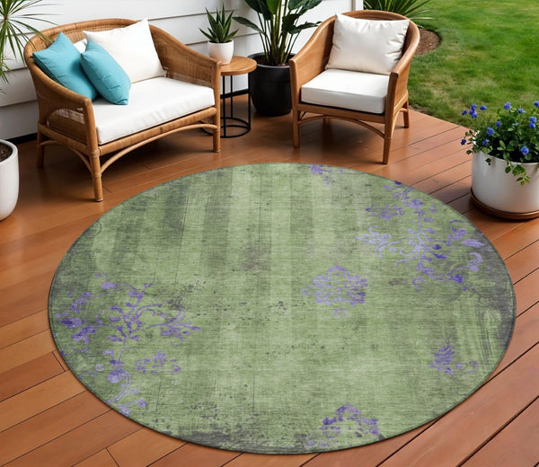 HomeRoots 8' Artichoke Green & Purple Round Floral Area Rug - Washable, Durable, Indoor/Outdoor Use, Elegant Design 620998