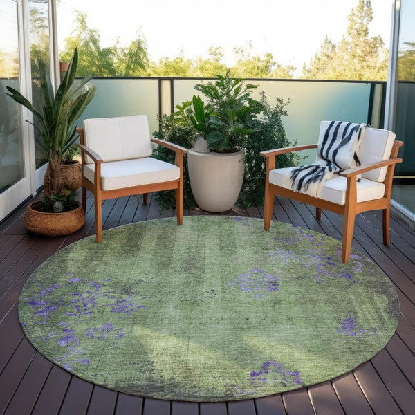 HomeRoots 8' Artichoke Green & Purple Round Floral Area Rug - Washable, Durable, Indoor/Outdoor Use, Elegant Design 620998
