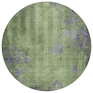 HomeRoots 8' Artichoke Green & Purple Round Floral Area Rug - Washable, Durable, Indoor/Outdoor Use, Elegant Design 620998