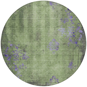 HomeRoots 8' Artichoke Green & Purple Round Floral Area Rug - Washable, Durable, Indoor/Outdoor Use, Elegant Design 620998