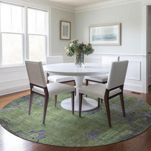 HomeRoots 8' Artichoke Green & Purple Round Floral Area Rug - Washable, Durable, Indoor/Outdoor Use, Elegant Design 620998