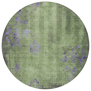 HomeRoots 8' Artichoke Green & Purple Round Floral Area Rug - Washable, Durable, Indoor/Outdoor Use, Elegant Design 620998