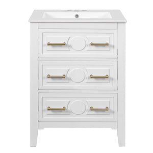 English Elm 24'' Bathroom Vanity with Ceramic Sink and 3 Drawers Retro Solid Wood Frame Freestanding Storage White N710P371184K