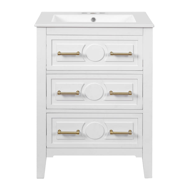 English Elm 24'' Bathroom Vanity with Ceramic Sink and 3 Drawers Retro Solid Wood Frame Freestanding Storage White N710P371184K