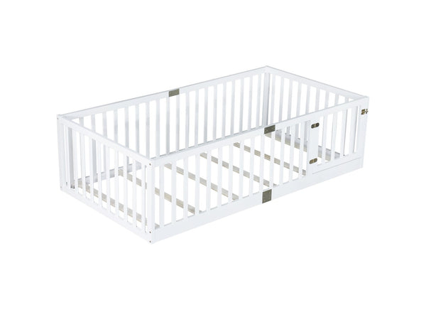 English Elm Twin Floor Bed Solid Rubber Wood with Tall Safety Railings for Toddler Sleep White W504P287652