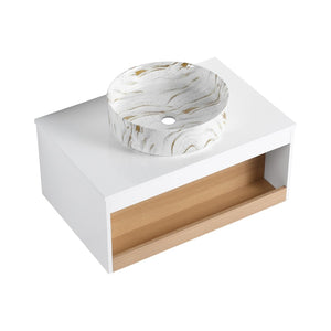 English Elm 30" Floating Wall Mount Bathroom Vanity Open Shelf Ceramic Vessel Sink Modern White Gold+White,White + Light Oak W3450S00058
