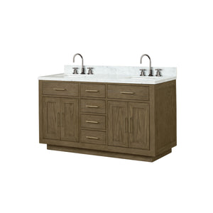 English Elm Grey Oak Double Bath Vanity 60" W x 22" D with Carrara Marble Top, Chrome Gooseneck Faucets, Soft-Close Cabinets B2731P257747