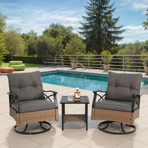 English Elm Outdoor Swivel Rocker Chairs Set 3-Piece with Table, 360° Rocking Chairs, Heavy-Duty Rattan Patio Set W640P256770