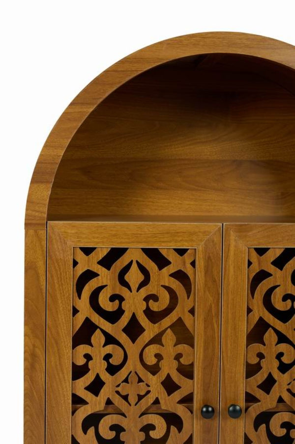 English Elm Hand-carved Solid Wood Tall Narrow Cabinet with Floral Arched Doors and Open Shelving W3123P485765