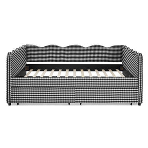 English Elm Queen Gingham Linen Daybed with Wave Backrest Two Storage Drawers and Usb Port Black W1413S00153