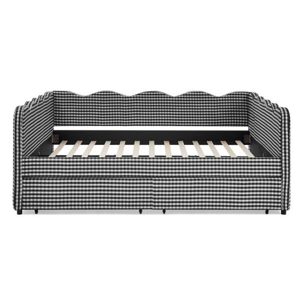 English Elm Queen Gingham Linen Daybed with Wave Backrest Two Storage Drawers and Usb Port Black W1413S00153