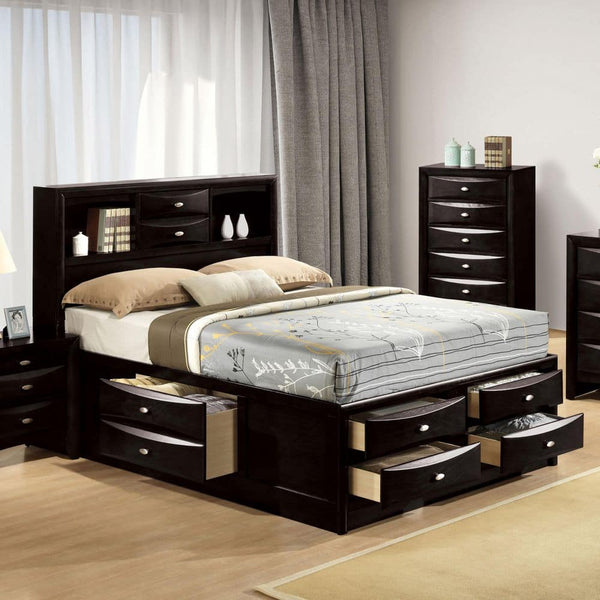 English Elm Contemporary Queen Size Bed With Footboard Drawers & Headboard Bookcase – Stylish Black Storage Solution B2741S00556