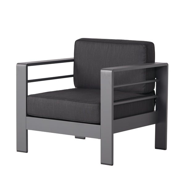 English Elm Christopher Knight Home® - CAPE Coastal Aluminum Outdoor 4-Piece Chat Set with Tempered Glass Table, Ergonomic Comfort and Space-Saving Style Gray CAPECORAL4PCSG