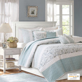 Madison Park Dawn Cottage/Country 6 Piece Cotton Percale Quilt Set with Throw Pillows MP13-2801 Aqua