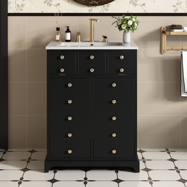 English Elm 24" Modern Bathroom Vanity with Ceramic Sink, Gold Handles, Tip-Out Drawer & Dual Soft-Close Doors N710P276692B