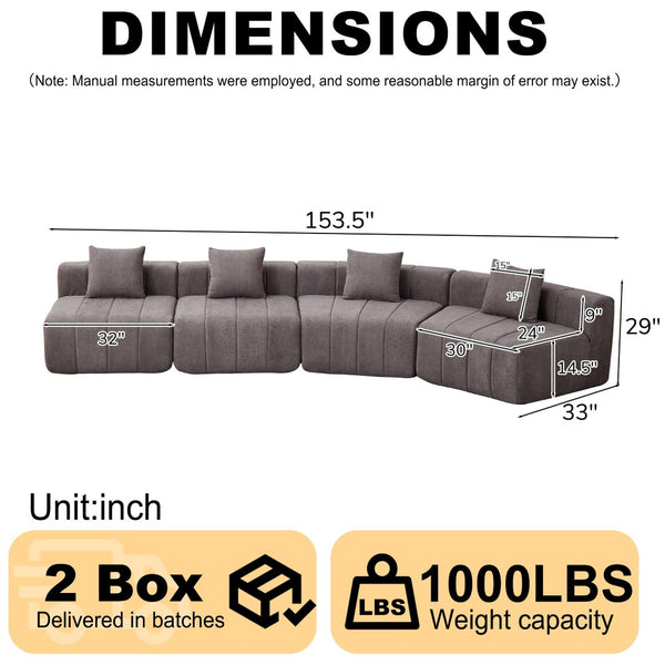 English Elm Chenille Modular Curved Sectional Sofa with Sculptural Piano Key Design and Four Throw Pillows Grey W834S00586