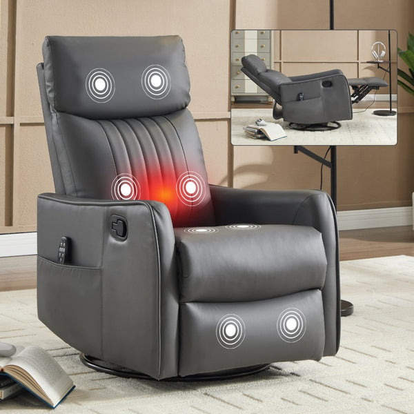 English Elm Blue Fabric Swivel Rocker Recliner with Massage Heat Nodes for Living Room Comfort Grayish Green W1803P321819