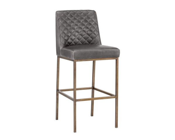 Sunpan Leighland Classic Barstool with Antique Brass Frame and Diamond-Stitched Faux Leather Upholstery Overcast Grey