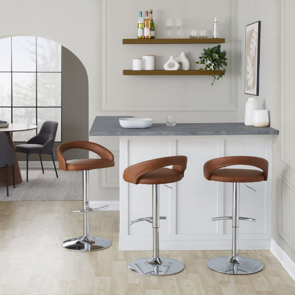 English Elm Adjustable Swivel Barstools Faux Leather Seats Polished Chrome Base Set of 3 B202S02046