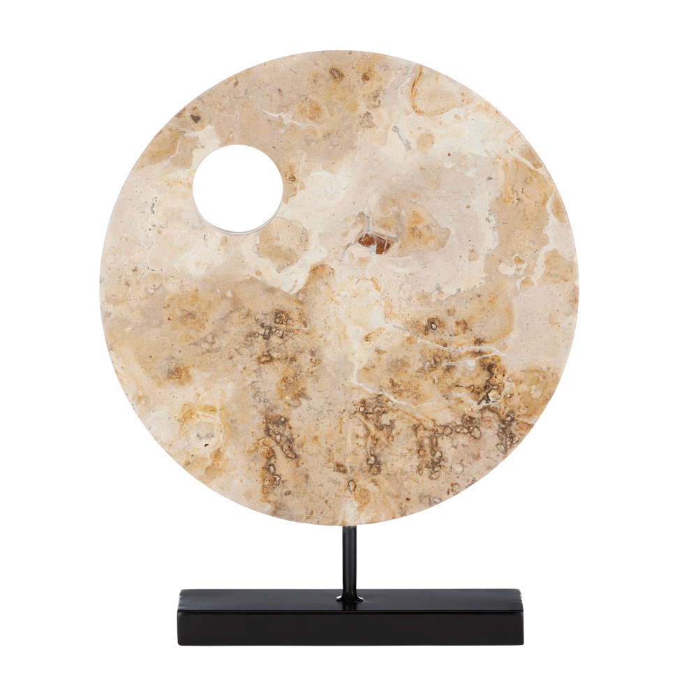 Wes Marble Disc - Unique Tan Stone Sculpture with Black Metal Base, Perfect for Contemporary Decor
