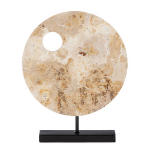 Wes Marble Disc - Unique Tan Stone Sculpture with Black Metal Base, Perfect for Contemporary Decor