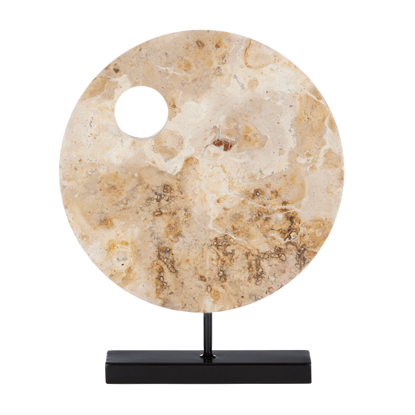 Wes Marble Disc - Unique Tan Stone Sculpture with Black Metal Base, Perfect for Contemporary Decor
