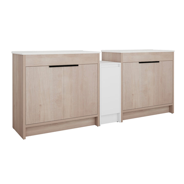 English Elm 84 Inch Freestanding Bathroom Vanity with Integrated Resin Sink, Soft-Close Doors, Shelves & Extra Storage Space Glossy White,Plain Light Oak W999S00320
