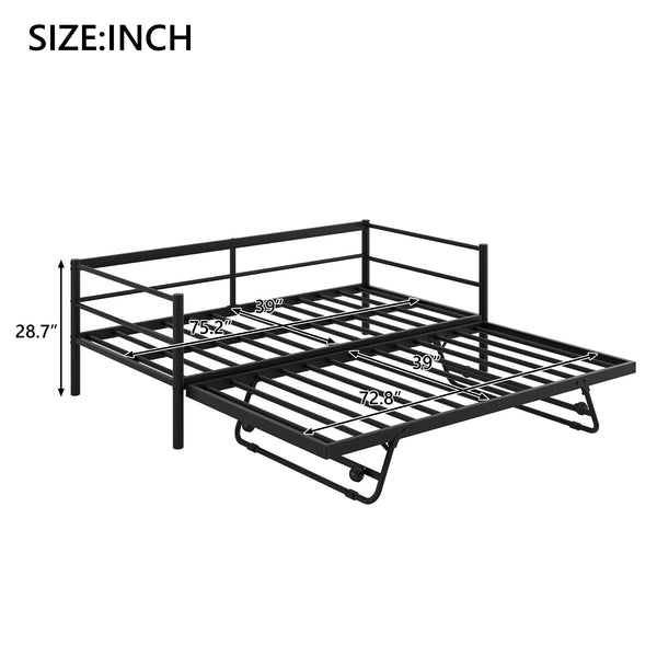 English Elm Twin Metal Daybed with LED Lighting and Adjustable Pop-Up Trundle, Industrial Steel Frame, Heavy-Duty Support Black N750P244915B