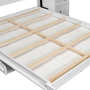 English Elm Queen Murphy Bed with Led Lighting Side Cabinets Shelving and Fold Down Desk Panel White N7090002226K-1