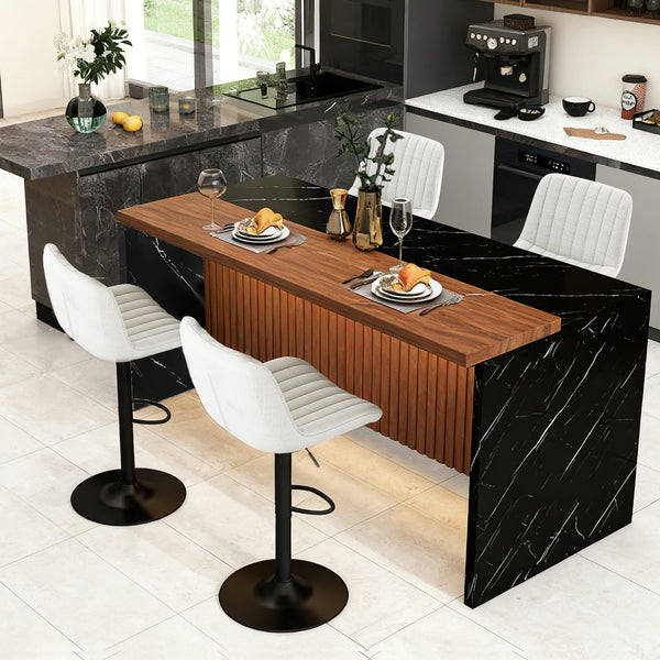 English Elm 63" Modern Kitchen Island Set With 4 Beige Bar Stools - Elegant Black Marble, Led Light & Grille Design W2699S00075