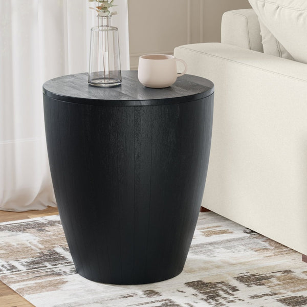 English Elm Elmbrook Solid Mango Wood Drum Side Table with Sculptural Grain for Living Room Black B136P420282