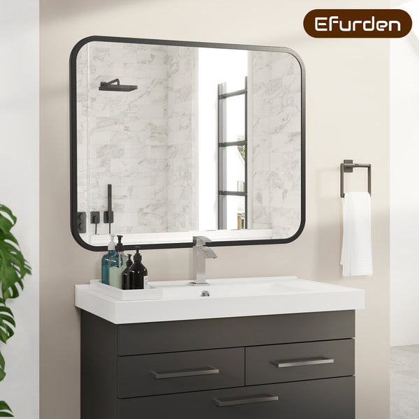 English Elm Black Bathroom Wall Mirror 40x32" Rectangle with Rounded Corners, Anti-Rust Aluminum Frame, Shatterproof Glass T3177P296179