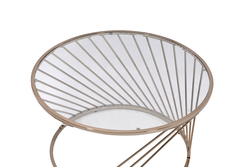 English Elm Bluelipe Champagne Finish Coffee Table with Clear Glass Top, Round Metal Drum Base, Modern Elegance B2726P244381