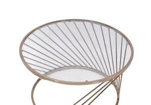 English Elm Bluelipe Champagne Finish Coffee Table with Clear Glass Top, Round Metal Drum Base, Modern Elegance B2726P244381