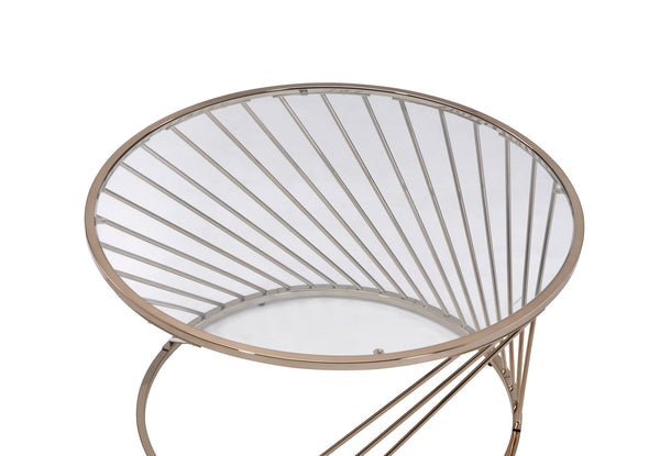 English Elm Bluelipe Champagne Finish Coffee Table with Clear Glass Top, Round Metal Drum Base, Modern Elegance B2726P244381