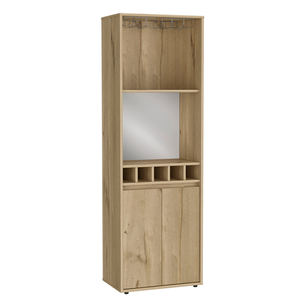 English Elm Bar Double Door Cabinet 70.8" High Light Oak Beige w/ 12-Glass Rack, 5 Bottle Cubbies & 2 Shelves B097S00154