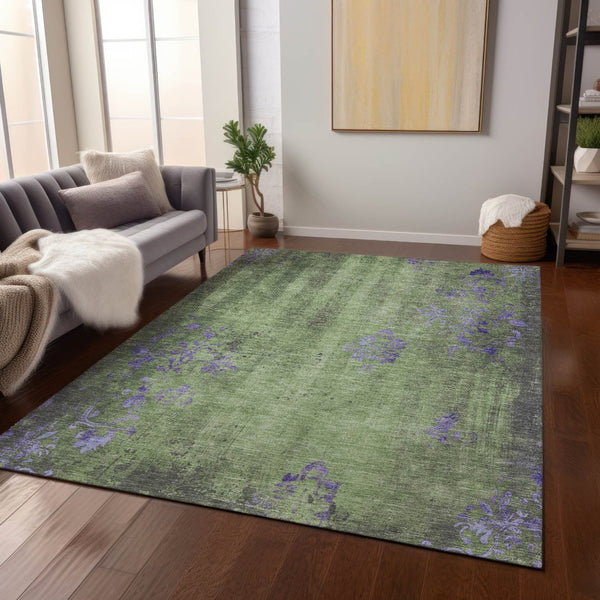 HomeRoots 9' X 12' Artichoke Green & Purple Floral Rug - Washable, Durable, Perfect for Indoor & Outdoor Spaces! 621000