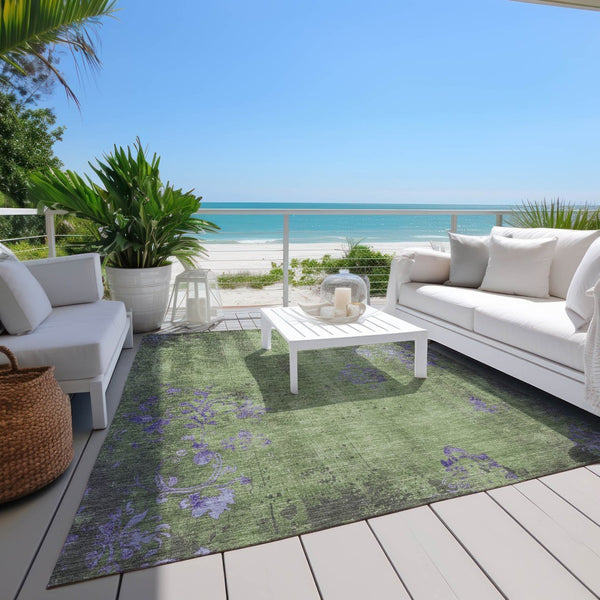 HomeRoots 9' X 12' Artichoke Green & Purple Floral Rug - Washable, Durable, Perfect for Indoor & Outdoor Spaces! 621000
