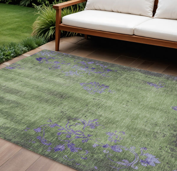 HomeRoots 10' X 14' Artichoke Green & Purple Floral Area Rug – Durable, Washable for Indoor & Outdoor Spaces! 621001