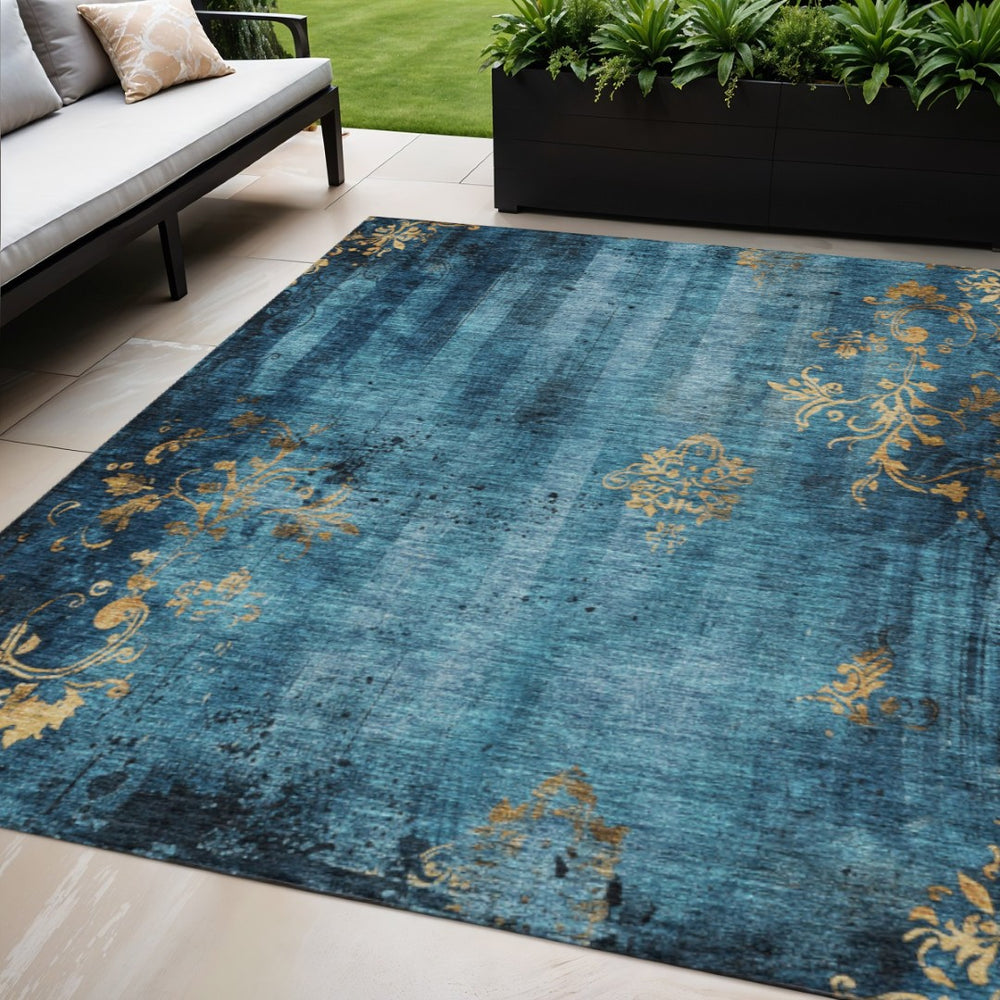 HomeRoots 5' Blue and Gold Floral Washable Area Rug – Durable, Stylish, and Perfect for Indoor/Outdoor Use 621003